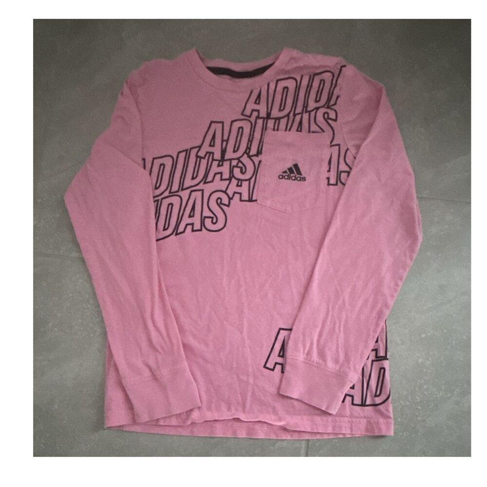 adidas Boys Pink Logo Print Long Sleeve Pocket Shirt Regular Fit Size M 10/12